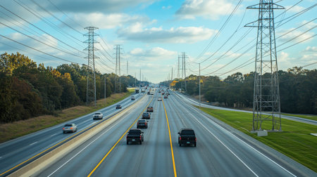 A spacious highway scene featuring vehicles cruising under a vast sky, surrounded by trees and power lines, ideal for themes of travel and transportation.の素材