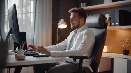 A young professional man is working diligently at his desk in a modern office setting, showcasing focus and creativity in a comfortable workspace.の素材