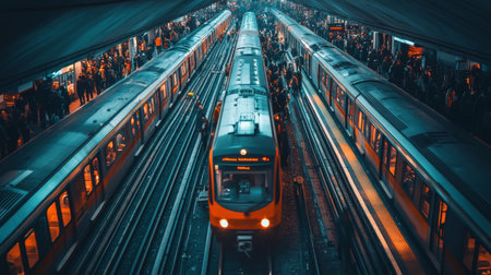 A bustling urban train station at night, filled with commuters and illuminated by vibrant lights, showcasing the dynamic energy of city life and transportation.の素材
