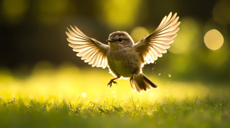 A young bird gracefully soaring through the air, highlighted by golden sunlight. The image captures the beauty of nature and the freedom of flight in a vibrant outdoor setting.の素材