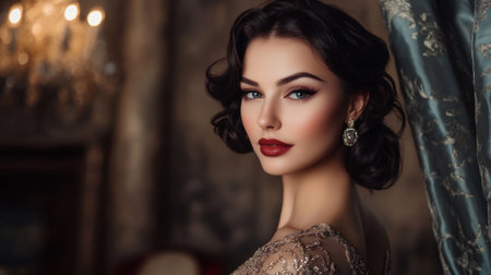 A stunning portrait of an elegant woman showcasing vintage makeup and glamorous style. The soft lighting and rich textures enhance her beauty and charm.の素材