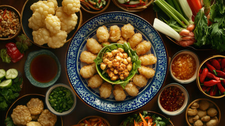 A vibrant display of fresh ingredients and dishes ideal for culinary enthusiasts. Featuring colorful vegetables, herbs, and traditional snacks, this arrangement showcases the beauty of cooking.の素材