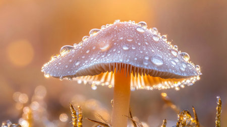 A close-up of a dewy mushroom illuminated by soft morning light, showcasing droplets on its cap, capturing the beauty of nature in a tranquil setting.の素材