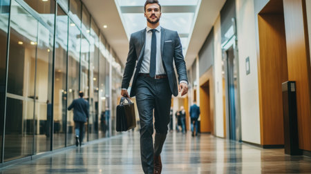 A confident businessman in a suit walks through a modern office corridor, carrying a briefcase. The scene captures professionalism and ambition in a corporate environment.の素材