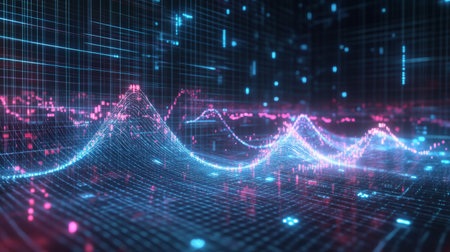 Colorful waves and grids create a vibrant digital landscape, showcasing data visualization in an abstract and modern style, perfect for technology themes.の素材