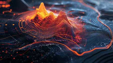 Stunning abstract landscape visualization featuring vibrant orange peaks and intricate patterns, representing energy and digital data flow in a creative and modern style.の素材