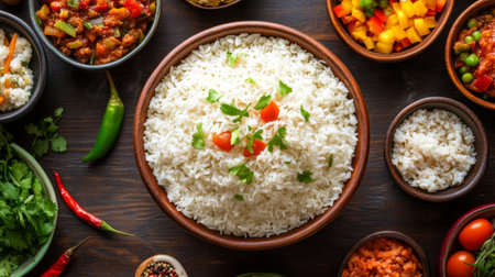 A beautifully arranged bowl of fluffy rice surrounded by vibrant vegetables and herbs, perfect for a healthy and colorful meal experience.の素材