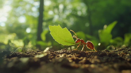 A focused ant carries a green leaf through a vibrant forest. This macro shot captures the intricate details of nature and emphasizes the ant's hard work in its environment.の素材