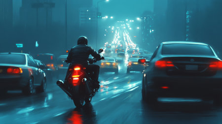 A captivating image of a motorcyclist riding through a rainy city at night, showcasing the vibrant lights and reflective streets of urban life.の素材