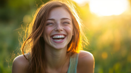 A joyful woman laughing in a sunlit outdoor setting, radiating happiness and warmth. Her carefree spirit and natural beauty capture a moment of pure joy.の素材