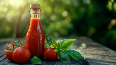 A glass bottle filled with fresh tomato sauce sits beside ripe tomatoes and basil leaves on a rustic wooden table, capturing the essence of home-cooked goodness.の素材
