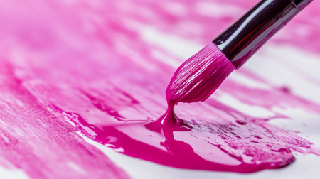 A vibrant close-up of a pink paint brush creating artistic strokes on a canvas. Perfect for showcasing creativity and modern art elements.の素材