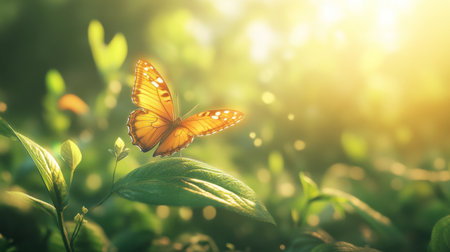 A vibrant orange butterfly flutters gently over lush green leaves in a sunlit garden, capturing the essence of nature's beauty and tranquility.の素材