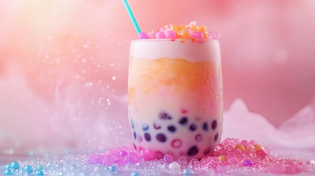 This vibrant bubble tea showcases layers of color with tapioca pearls and a playful, refreshing foam. Perfect for summer vibes and social gatherings.の素材