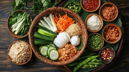 A beautifully arranged basket of fresh vegetables and herbs on a wooden table, perfect for healthy cooking and meal preparation. Ideal for culinary inspiration.の素材
