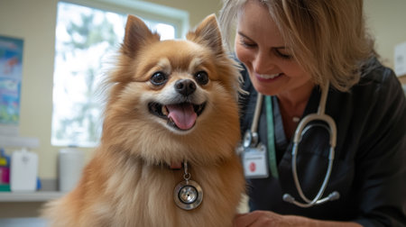 A joyful Pomeranian at a veterinary clinic smiles alongside a caring veterinarian. The scene captures the bond between pets and their caregivers in a welcoming environment.の素材