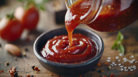 A rich and thick tomato sauce is being poured into a bowl, showcasing its vibrant color and glossy texture, perfect for enhancing any dish.の素材