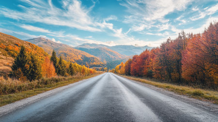 A picturesque road stretches through a vibrant autumn landscape, flanked by colorful trees and majestic mountains under a bright blue sky. Perfect for travel imagery.の素材
