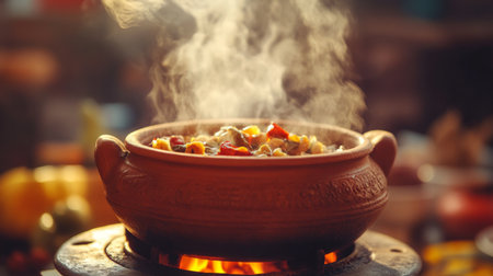 A warm pot of steaming food sits on a cozy kitchen stove, creating an inviting atmosphere. The aromatic dish showcases a blend of fresh ingredients and spices.の素材