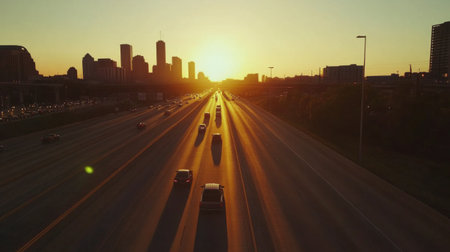 A stunning view of a highway during sunset, showcasing vehicles traveling towards an urban skyline. The warm colors of the sky enhance the evening atmosphere.の素材