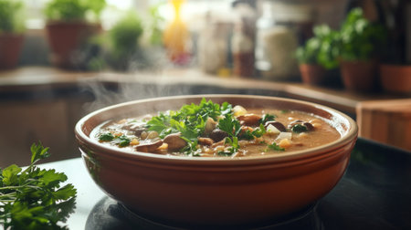 A steaming bowl of delicious soup filled with fresh ingredients, herbs, and vibrant colors set in a rustic kitchen, perfect for warming up any meal.の素材