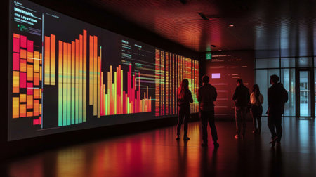 A modern office space featuring vibrant data visualizations, showcasing colorful charts and graphs. A group of people engaging with digital content, demonstrating teamwork and innovation.の素材