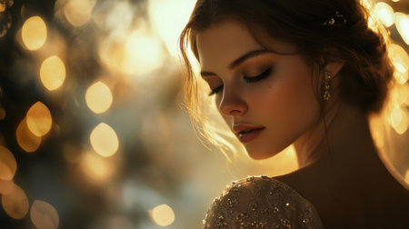 A captivating portrait of a woman embracing her ethereal beauty, surrounded by soft light and bokeh. The image evokes feelings of grace, serenity, and elegance.の素材