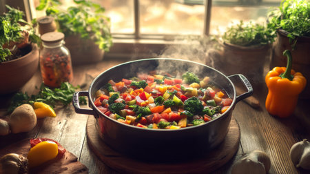A colorful vegetable stew simmers in a black pot, surrounded by fresh ingredients in a cozy kitchen. The warm steam showcases healthy cooking and vibrant flavors.の素材