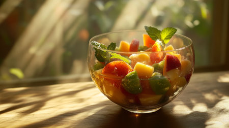 A vibrant glass bowl filled with a variety of fresh fruits, garnished with mint, capturing the essence of healthy eating and summertime enjoyment.の素材