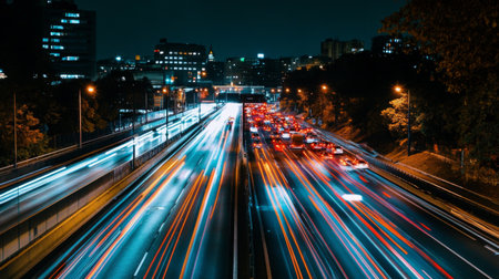 A dynamic view of nighttime city traffic showcasing light trails from vehicles on a busy road. The vibrant colors and motion convey the energy of urban life.の素材