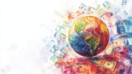 Vibrant illustration depicting a globe intertwined with currency, symbolizing the connection between the world and finance. Ideal for business and economy themes.の素材
