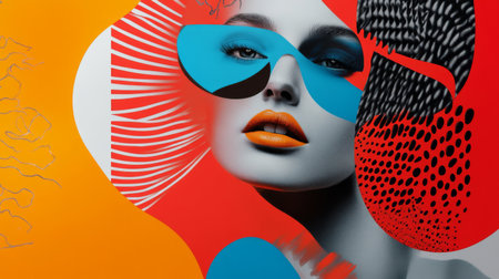 This vibrant abstract portrait showcases a striking beauty with bold makeup and colorful sunglasses, emphasizing modern aesthetics and creative design.の素材