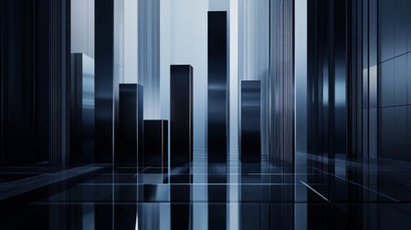 A captivating abstract urban landscape featuring dark glass structures and intricate lines, creating a modern and sleek environment full of depth and elegance.の素材