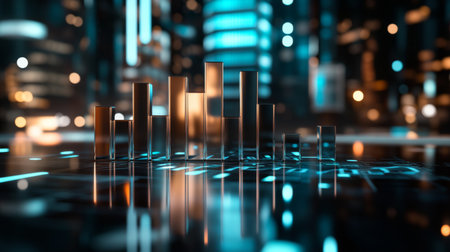 A modern data visualization display featuring bar graphs with digital reflections and vibrant lights, symbolizing finance and technology in an urban setting.の素材