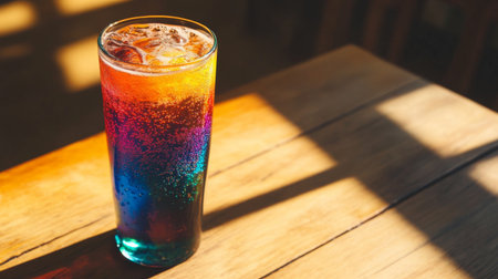A vibrant and colorful drink served in a glass, featuring ice and bubbles. The sunlight highlights its hues on a wooden table, creating an inviting atmosphere.の素材