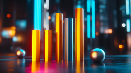 A vibrant scene featuring colorful cylinders in a neon-lit environment, reflecting light and creating a dynamic atmosphere perfect for modern design projects.の素材