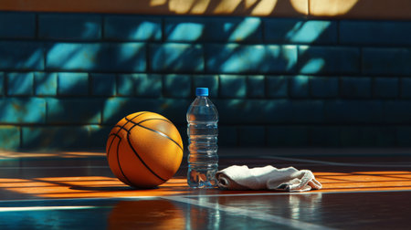 A basketball rests on the court floor beside a water bottle and towel, symbolizing hydration and preparation for sports activities and training sessions.の素材