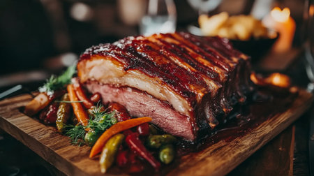 A beautifully plated roast meat dish surrounded by vibrant vegetables on a rustic wooden board, perfect for a gourmet dining experience.の素材