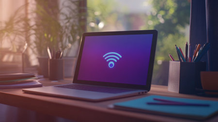 A modern laptop displaying a Wi-Fi icon sits on a wooden desk in a cozy workspace. The bright, inviting environment enhances productivity and creativity.の素材