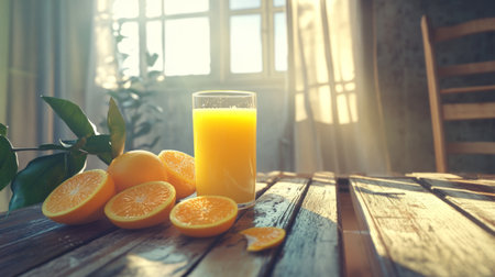 A glass of fresh orange juice sits on a rustic wooden table, surrounded by ripe oranges. Sunlight streams through the window, creating a warm and inviting atmosphere.の素材