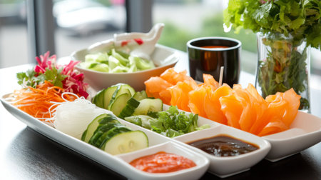 A vibrant and fresh display of sushi ingredients including sliced salmon, vegetables, and garnishes, perfect for a healthy meal or appetizer.の素材