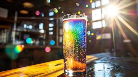 A vibrant glass filled with a sparkling drink displayed against sunlight, showcasing colorful bubbles and a lively atmosphere, perfect for celebrations.の素材