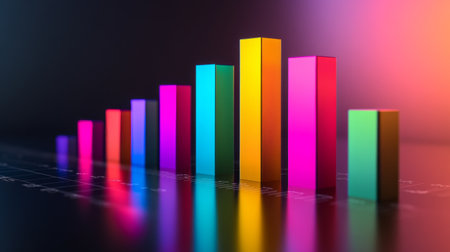 Vibrant 3D bar graph against a dark background, showcasing data visualization. Perfect for illustrating growth, performance, and analytics in a modern context.の素材