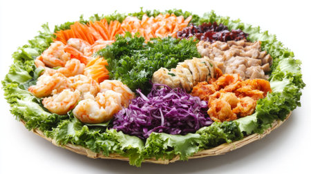 A visually appealing platter featuring fresh shrimp and assorted vegetables, perfect for gatherings or festive occasions. A healthy and vibrant dish.の素材