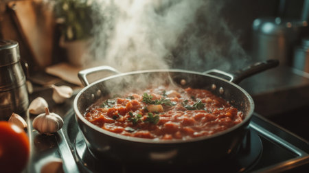 A close-up view of steaming tomato sauce simmering in a pan, highlighting fresh herbs and garlic. Perfect for showcasing home cooking and culinary warmth.の素材