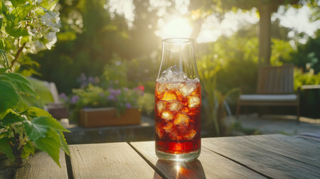 A refreshing beverage in a clear glass, filled with ice, glistens in the warm sunlight of a serene garden. Ideal for summer relaxation moments.の素材