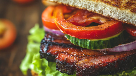 Capture the essence of indulgence with this mouthwatering grilled sandwich, featuring vibrant vegetables and tender meat between toasted bread.の素材