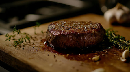 A beautifully cooked juicy steak garnished with thyme, showcasing rich textures and flavors. Perfect for gourmet meal preparation or culinary presentations.の素材