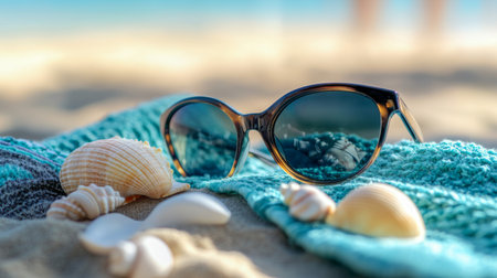 Close-up of stylish sunglasses resting on a sandy beach, surrounded by beautiful seashells. The perfect scene for summer relaxation and enjoyment.の素材