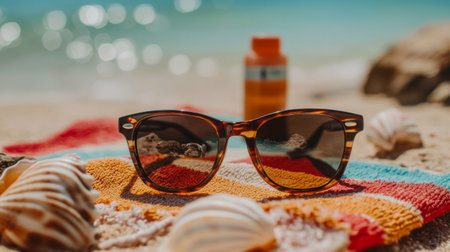 A pair of stylish sunglasses rests on a vibrant beach towel surrounded by seashells, capturing the essence of summer, relaxation, and beach vibes.の素材